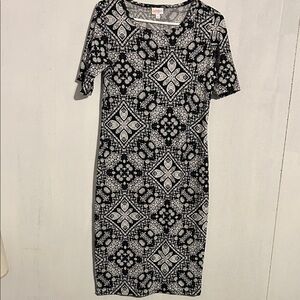 LuLaRoe Black & White Midi Dress with Geometric Bandana Print